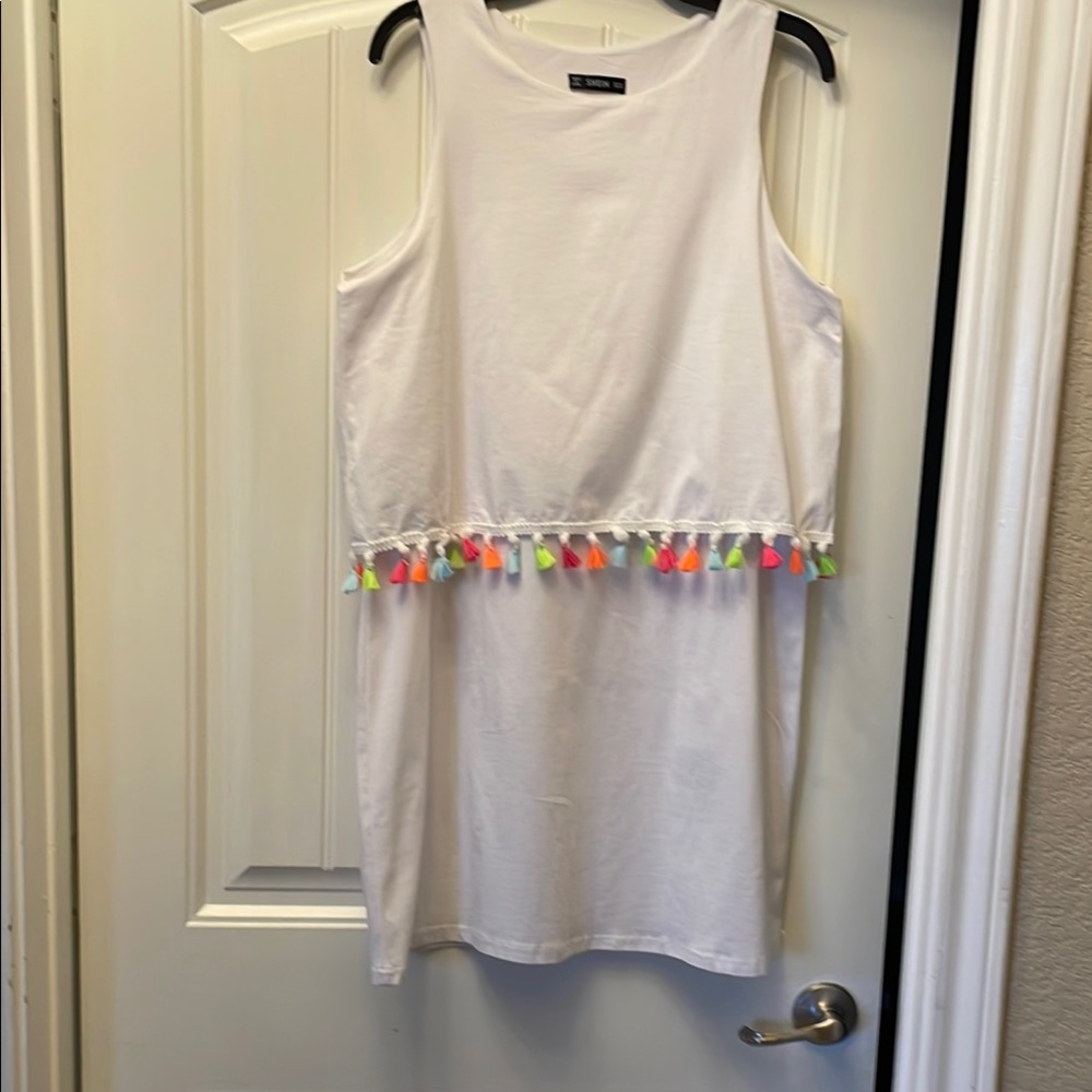White Sleeveless woman  Top with Colorful Tassels